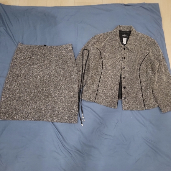 John Roberts Black White Tweed Skirt Suit Jacket Set Rope Detail Vintage Size 16